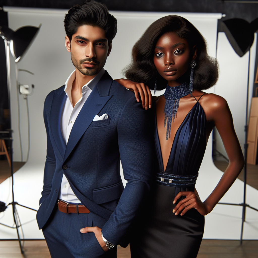 Stunning Outfit Tips: Best For Professional Photos A creative scene of a South Asian man and a black woman standing together, both looking confident and fashion-forward. The man is wearing a tailored navy-blue suit, white shirt, and a coordinating pocket square. The woman is in a gorgeous formal dress, elegantly tailored to accentuate her form, paired with a statement necklace and high heels. Their attire represents the perfect mix of professional and stylish. The backdrop includes a well lit professional photography studio with various equipment around them to signify the context of professional photos.