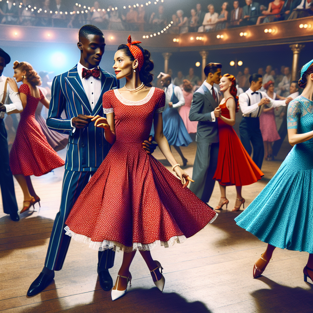 Imagine a scene at a lively swing dance event, filled with dancers dressed in stylish and stunning outfits that embody effortless elegance. In the center, a woman of Hispanic descent is wearing a breezy, polka-dotted swing dress in vibrant red, accentuated with a matching hairband. Her partner, an African man, dons a classy navy blue suit with a carefully tied bowtie. On the sidelines, a Caucasian lady in a turquoise dress with lace details enthusiastically watches them. Around them, diverse dancers immerse in the rhythm, their outfits echoing the retro charm of the swing era.