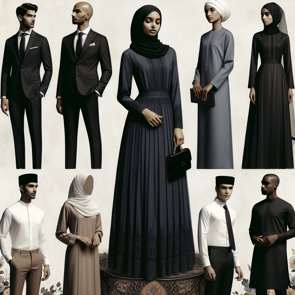Must-Have Outfits for a Celebration of Life Service An impressive collection of respectful, classy and stylish outfits that are ideal for a Celebration of Life Service. It includes detailed descriptions of the outfits: a black, coordinated suit with a solid-color tie for a Caucasian man; an elegant, knee-length, solid navy blue dress sewn from chiffon for a South Asian woman; a formal, white linen shirt with a matching pant for a Middle-eastern man; and finally a modest, yet stylish pantsuit in a neutral color paired with a black blouse for a black woman. The mood should be solemn yet hopeful, celebrating the vibrancy of life amidst its end.