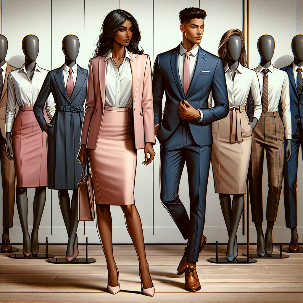 Stunning Outfits for Teacher Interviews: Effortless Style Visualize an array of stunning and professional outfit options for a teacher's job interview. In the foreground, depict a South Asian woman wearing a blush pink blazer and a white blouse, complemented by a pencil skirt and a pair of matching heels, standing as if she is confidently presenting herself. In the middle ground, show an African American man in a tailored navy-blue suit paired with a pastel blue shirt and classy leather shoes, standing as if he's engaging in a conversation. Finally, for the background, display an array of mannequins dressed in impressive teacher-friendly attires, demonstrating a spectrum of effortless styles to consider.