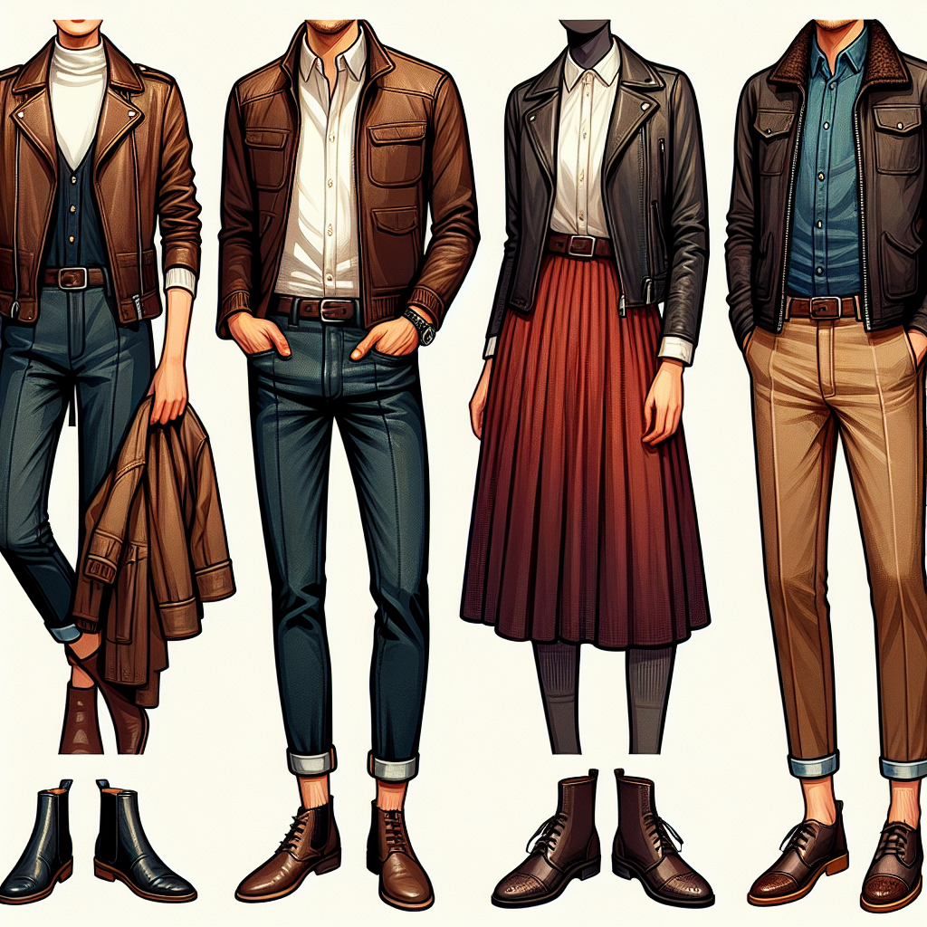 Stunning Outfits: Best Styles with Brown Leather Jacket Visualize an array of stylish outfits incorporating a brown leather jacket. The first outfit features a Caucasian woman in a brown leather jacket, a chic black dress, and shiny black ankle boots. The second image showcases a Middle Eastern man combining the jacket with a crisp white shirt, indigo jeans, and burgundy desert boots. The third look is worn by a Black woman, pairing the jacket with a vibrant red skirt and tall brown boots. The final ensemble includes a South Asian man sporting the jacket over a denim shirt, accompanied by khaki chinos and leather loafers.