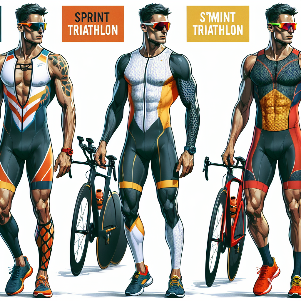 Stunning Sprint Triathlon Outfits: Effortlessly Best Choices Create a detailed image showcasing a selection of stunning sprint triathlon outfits. Include three different styles: one for a male athlete of South Asian descent, one for a female athlete of Caucasian descent, and one for a non-binary athlete of Middle-Eastern descent. Each outfit should show an effortless blend of comfort, functionality, and style, composed of appropriate gear for swimming, cycling, and running phases of a triathlon. Reflect bold color combinations and innovative material use in the portrayal of these outfits.