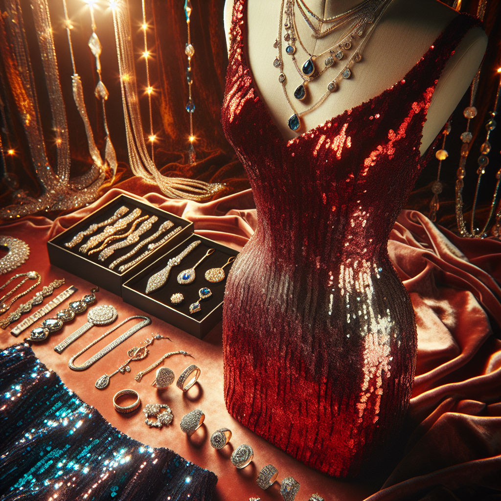 Must-Have Jewelry for Sequin Dresses: Effortless Glam As an image description for an article on must-have jewelry for sequin dresses and effortless glam, visualize a sequin dress in a vibrant color such as fiery red or royal blue. The dress is draped elegantly on a mannequin. Next to it, on a velvet mat, lies a dazzling collection of jewelry - layered necklaces with pendant charms, delicate bracelets with glittering gemstones, statement earrings with intricate designs, and cocktail rings that show off various precious stones. The lighting is soft, bringing out the sparkle in both the dress and the jewelry. The aesthetics are luxurious and chic, conveying the allure of effortless glam.