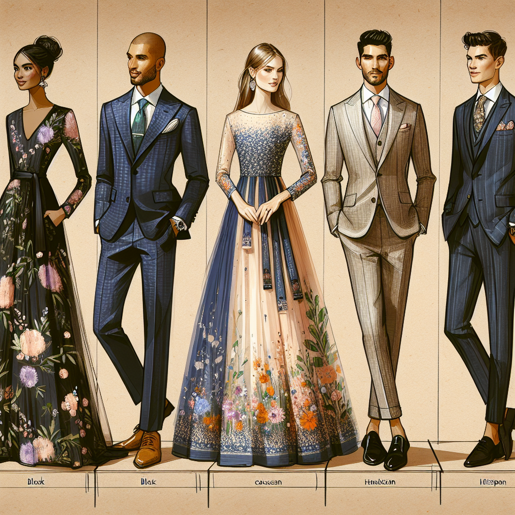 Create an image showcasing an array of wedding guest outfits. The display should feature four individuals each wearing a unique style suited for a wedding event. The first person, a Black woman, is shown in a floor-length floral-print dress. The second individual, a Caucasian man, is wearing an attractive tailored suit in dark navy blue with a pastel-colored tie. A glamorous South Asian woman is seen in an elegant traditional Anarkali. Lastly, an Hispanic man is dressed in a smart-casual suit with a complementary pocket square. The scene should evoke elegance and variety, reflecting the unique personal style of each individual.