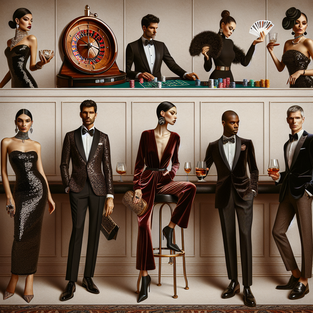 Discover Must-Have Outfits for Your Best Casino Night Imagine a spectrum of stylish ensembles ideal for a Casino night. First, visualize a Hispanicesque woman dressed in a classy black sequined cocktail dress holding an ornate clutch, poised and elegantly standing near a roulette wheel. Next, picture a Middle-Eastern man in a sharp obsidian tuxedo, a tie with subtle metallic accents, standing confidently at a poker table. Then, imagine a South Asian woman in an avant-garde velveteen red jumpsuit paired with statement jewelry, tossing a pair of dice at a craps table. Lastly, a white man in a plush velvet blazer, a playful bow tie, and sleek loafers, perched on a bar stool sipping whiskey.