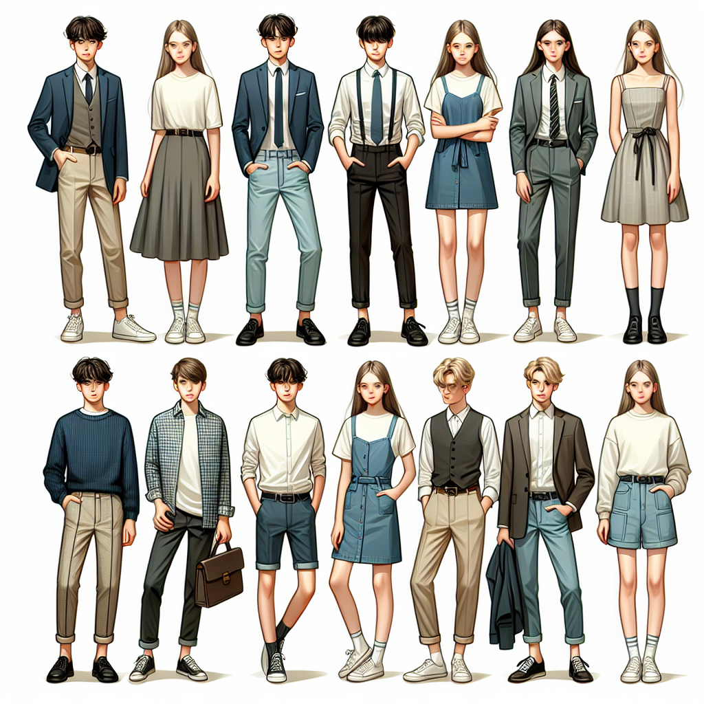 Effortless Interview Outfits for Teens: Must-See Styles An array of stylish yet effortless outfits suitable for teenagers going for an interview. These should include an assortment of clothing options such as business-casual attire, semi-formal wear, and smart-casual outfits. Depict teens of various descents wearing them aptly, showcasing a balance in gender representation. Include outfits such as blazers combined with jeans for boys, simple A-line skirts paired with collared shirts for girls, and unisex options like befitting trousers and button-down shirts. Accessories like a sleek watch or a tasteful tie could also be displayed. The image should exude a aura of confidence, optimism, and professionalism.