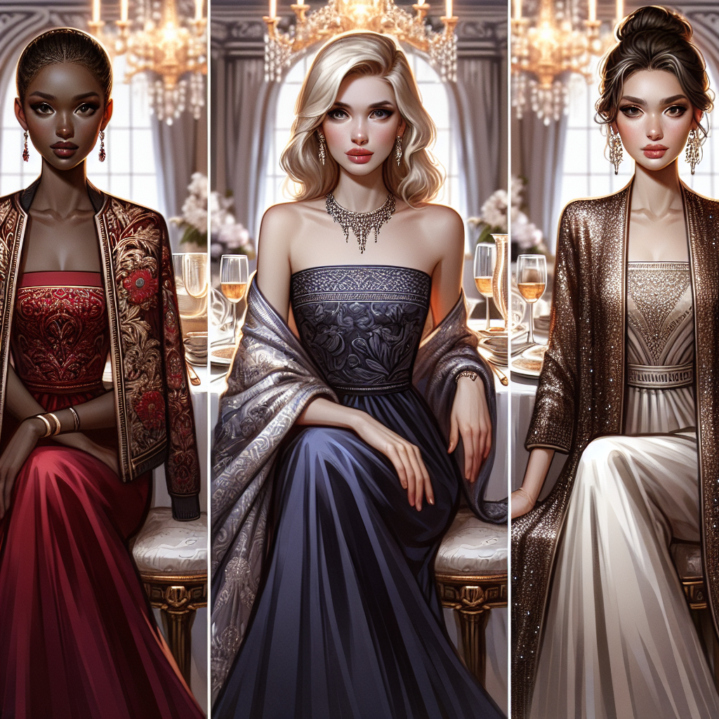 Must-Have Styles Over a Tube Dress for Upscale Dining Create an image of three fashionable women, each portraying one of the must-have styles over a tube dress for upscale dining. The first woman, who is Black, models a richly embellished bolero jacket over her garnet-hued tube dress. The second woman, who is of Asian descent, sports an airy pashmina wrap in a jewel tone draped over her midnight-blue tube dress. The final woman, an elegant Middle-Eastern lady, confidently wears an open-front, full-length sequined duster over her crisp white tube dress. All three women are seated in a posh dining setting adorned with crystal chandeliers and gilded furniture.