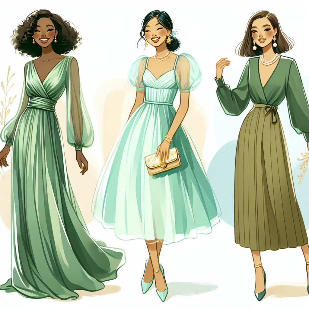 Stunning Outfits for Green Dresses: Wedding Edition Illustration of three different stylish outfits incorporating green dresses, suitable for attending a wedding. The first outfit features a sea-green, silky floor-length gown worn by an African woman. The second outfit depicts an Asian woman in a playful, mint green midi dress paired with a delicate golden clutch. The last outfit presents an Eastern-European woman donning an olive green shift dress, complemented by pearl earrings. All the women are radiating joy, and the background subtly hints at the festive atmosphere of a wedding.