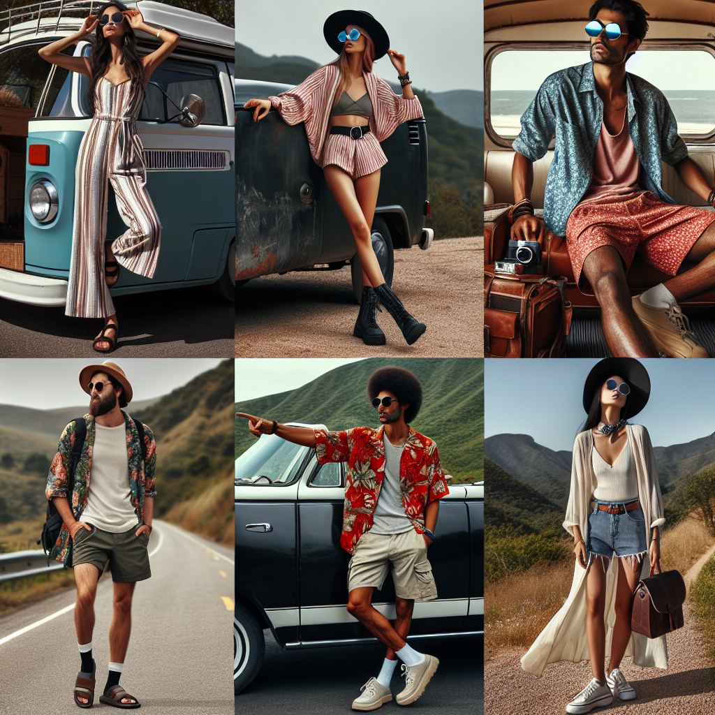 Road Trip Style Guide: Effortless, Must-Have Looks A montage of different individuals each presenting a unique outfit, perfect for a road trip. Imagine a Hispanic woman joyfully modeling a comfortable, yet stylish jumpsuit with bold sunglasses and a wide-brimmed hat, standing beside a vintage camper van. In another frame, view a tall Black man wearing a vibrant Hawaiian shirt, shorts, and durable sandals, gazing out across a scenic highway overlook. Lastly, visualize a South Asian woman garbed in a casual chic dress with comfortable walking shoes, sunglasses in her hand, posing beside a convertible. Each person exudes ease and style, capturing the essence of wanderlust-filled adventure.
