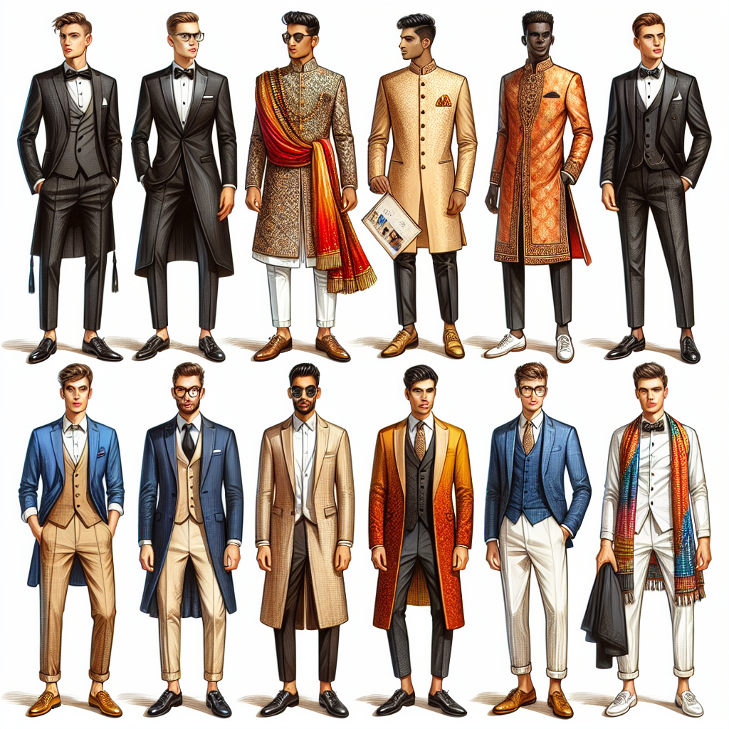 A comprehensive style guide for men's wedding fashion. The image should encompass various attires suitable for distinct types of weddings - a traditional black tuxedo for conventional ceremonies, a vibrant and colorful sherwani for Indian weddings, and a comfortable linen suit for beach ceremonies. Additionally, showcase a range of essential accessories such as cufflinks, bow ties, and shoes. Each outfit model should be a male of different descent including Caucasian, Black, Hispanic, Middle-Eastern, and South Asian, to celebrate the beauty of diverse cultures.