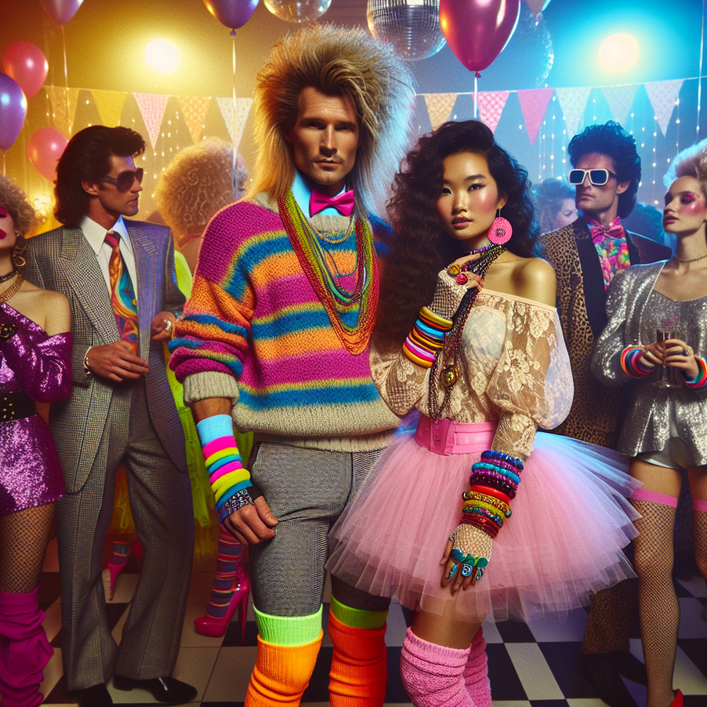 80s Party Style Guide: Discover Your Stunning Look Imagine a scene exemplifying 80s party style. Picture an Asian woman with neon leg warmers, an oversize sweater, and crimped hair, a flamboyant Caucasian man with a brightly colored suit, fingerless gloves, and a mullet, and a Middle-Eastern woman embodying Madonna's iconic look with a lace top, tulle skirt, and an abundance of bangles. The background is a lively party full of colorful balloons, disco lights and guests rocking shoulder pads, big hair, and loud patterns.