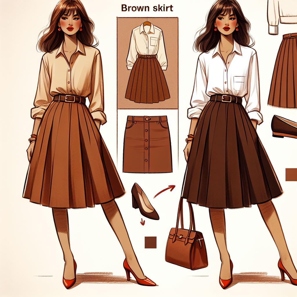 Create an image illustrating a style guide on matching a brown skirt, focusing on elegance and simplicity. Picture a woman of South Asian descent elegantly dressed in a brown skirt paired with a cream-colored button-up shirt and bright red heels. The woman has a matching brown bag dangling from her bent elbow. Additionally, visualize a mood board on the side, showing the brown skirt matched with essentials like a white shirt, popped-collar denim jacket, and black ballet flats.