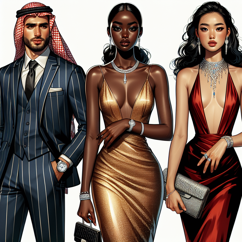 Casino Night Style: Discover Your Stunning, Effortless Look An image showing three characters of various descents, Middle-Eastern male, Black female, and Asian female, getting ready for a casino night. The Middle-Eastern male wears a crisp tailored navy-blue suit, polished black shoes, and a red silk tie. The accessory of choice is a silver watch. The Black female is dressed in a sparkling golden sheath dress along with exquisite diamond jewelry. The Asian female is in a breathtaking red backless long dress, holding a clutch purse adorned with rhinestones. They all exhibit an expression of confidence and effortless elegance.