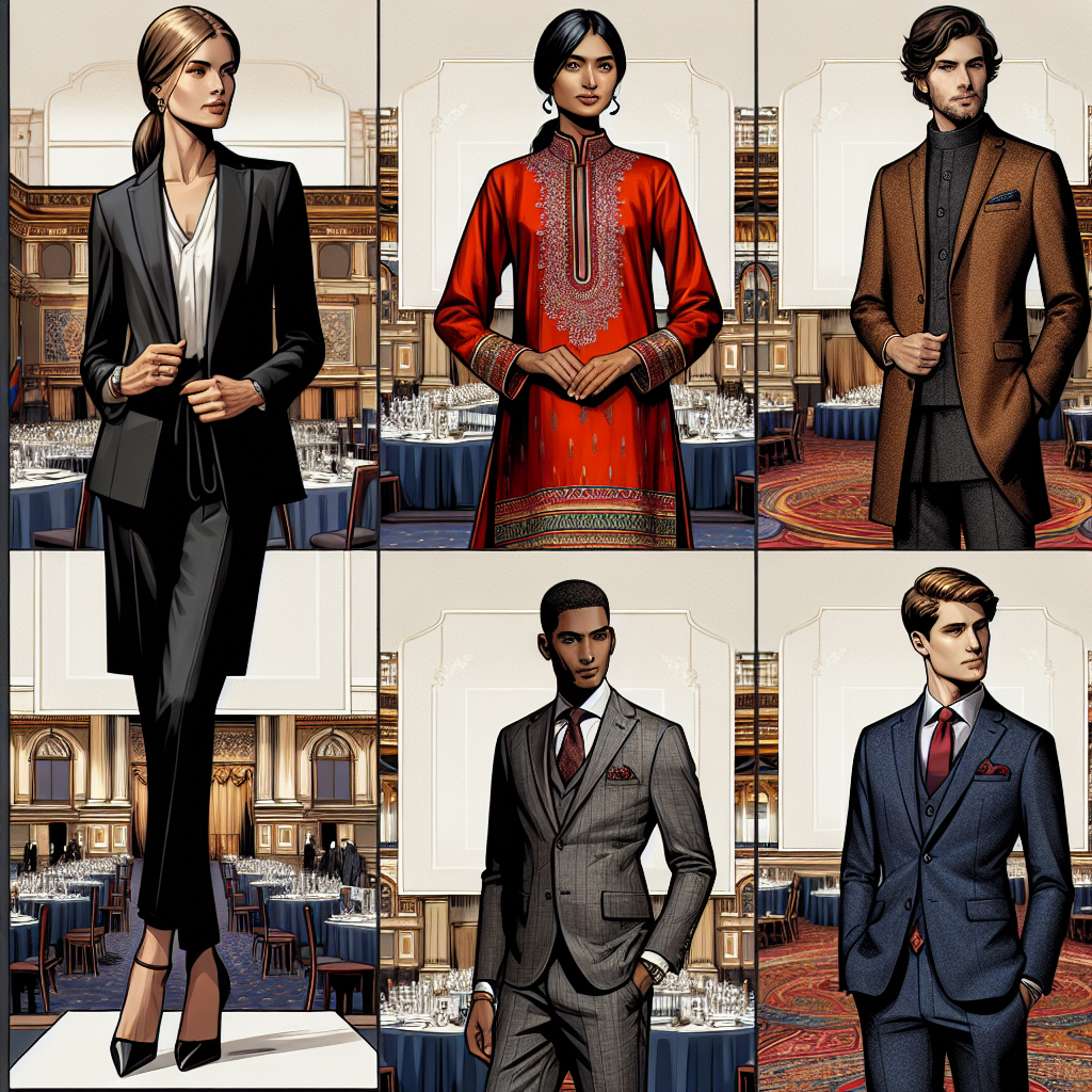 Must-Have Outfits for a Political Meet & Greet Show a collection of four fashion-forward outfits suitable for a professional political gathering. Picture these against a backdrop of an elegant event hall. The first outfit is a sophisticated black pantsuit worn by a Caucasian businesswoman. The second is a traditionally inspired, vibrant red silk kurta ensemble donned by a South Asian man. The third depicts a black man in a neatly tailored grey tweed suit. The fourth illustrates an East Asian woman styled in a sharp navy blue skirt suit. Display these diverse outfits and individuals in a way that conveys their readiness for a high-stakes political event.
