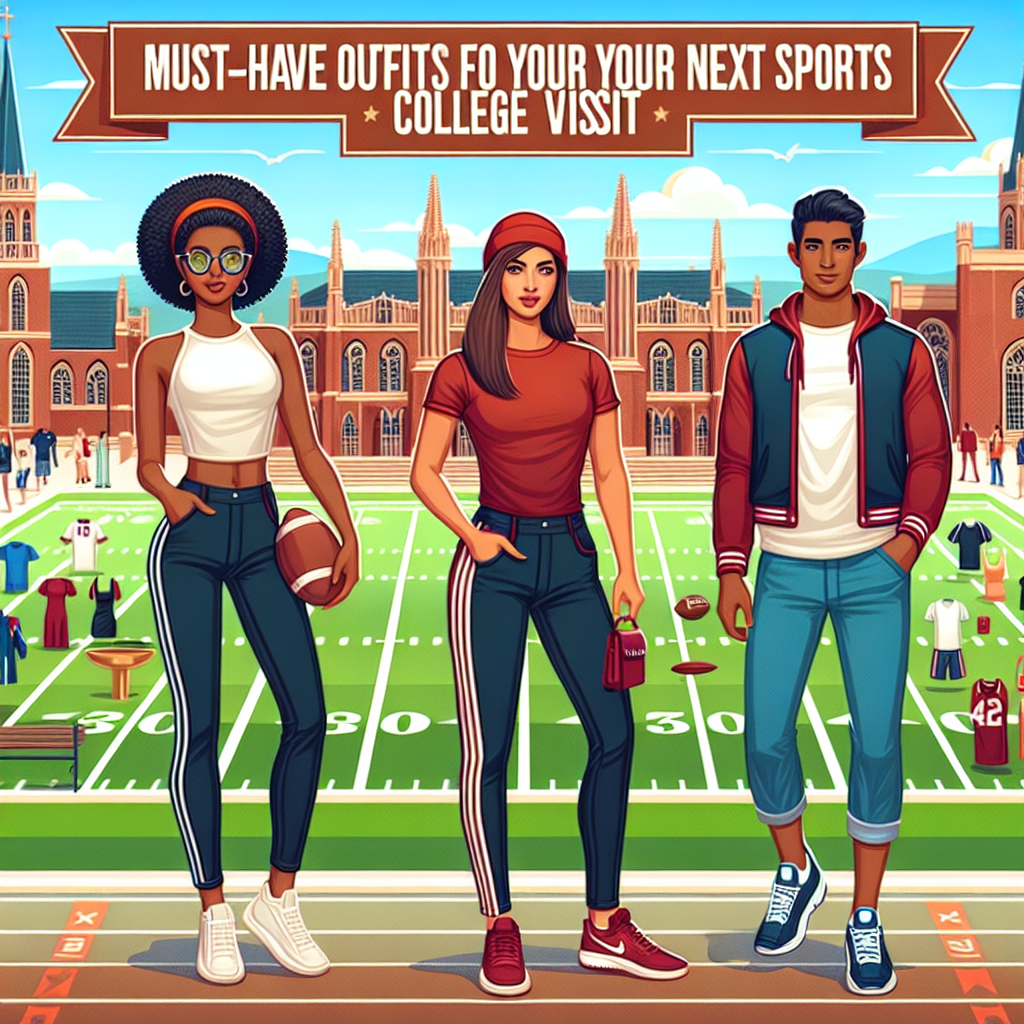 Must-Have Outfits for Your Next Sports College Visit Imagine a scene at a bustling college campus teeming with sports activity. The middle of the scene displays three people of different descents showing ideal outfits for visiting a sports college. One is a Black woman in stylish athleisure wear, a Hispanic man in smart-casual sports attire, and a South Asian woman in a sporty yet sophisticated ensemble. In the backdrop, iconic symbols of college sports, like a football field, a gymnasium, and a pool, are visible under a clear afternoon sky. A banner across the top of the scene reads 'Must-Have Outfits for Your Next Sports College Visit'.