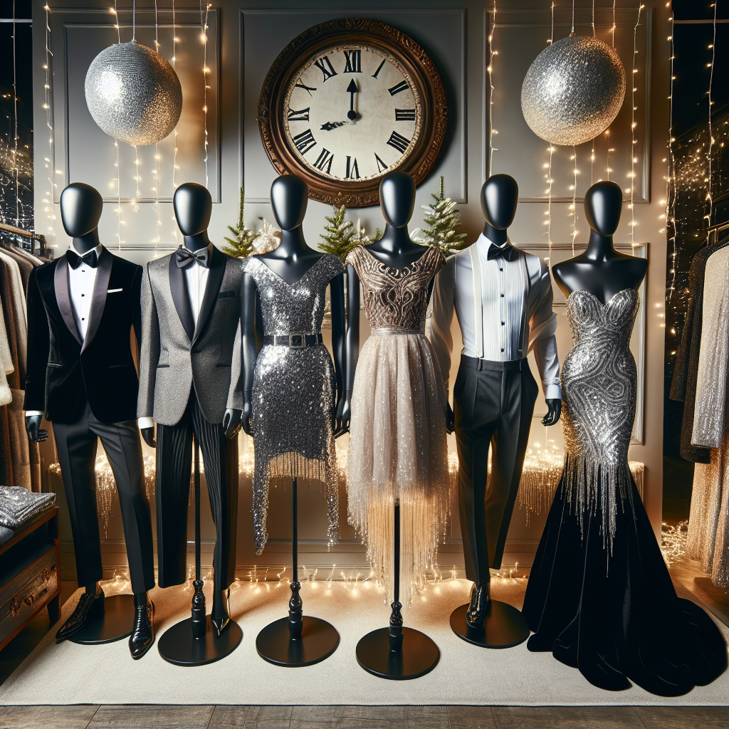 Must-Have Outfits for New Year's Eve Elegance Create an image showcasing an elegant New Year's Eve fashion display. Place five different sets of clothing on tailor mannequins in a chic boutique setting. The outfits should consist of the following: first, a black tuxedo with a sparkling bow tie; second, a silver sequin cocktail dress with matching heels; third, a Middle Eastern styled evening gown with intricate beading; fourth, a classic white dress shirt with cufflinks and tapered trousers worn by a South Asian mannequin; and lastly, a black velvet evening gown with a cascading trail worn by an African woman mannequin. A background of twinkling fairy lights and a large wall clock striking midnight will set the holiday mood.