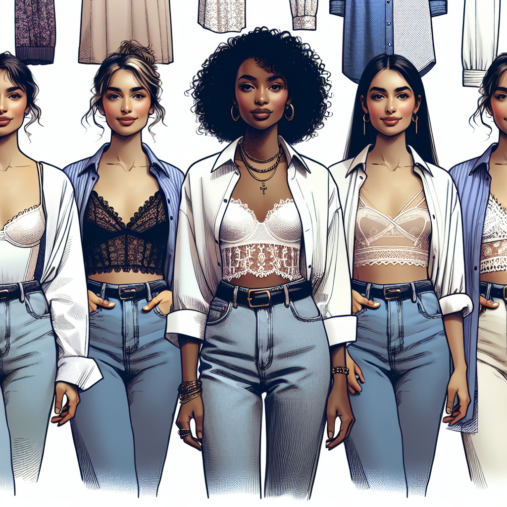 Effortless Style: What to Wear Under a Shirt for Women Generate a vibrant and informative fashion guide concept art illustrating an array of layering options under a shirt for women. The ensemble should include various style inspirations from chic to casual. Picture one Caucasian woman in a lace bandeau under a semi-sheer white shirt, another Black woman wearing a strappy bralette under a button-down shirt, and a Middle-Eastern woman showcasing a tank top underneath a chambray shirt. Highlight the diversity and creativity in fashion choices to educate and inspire readers. Preferably, design the image with a light-hearted and modern aesthetic.