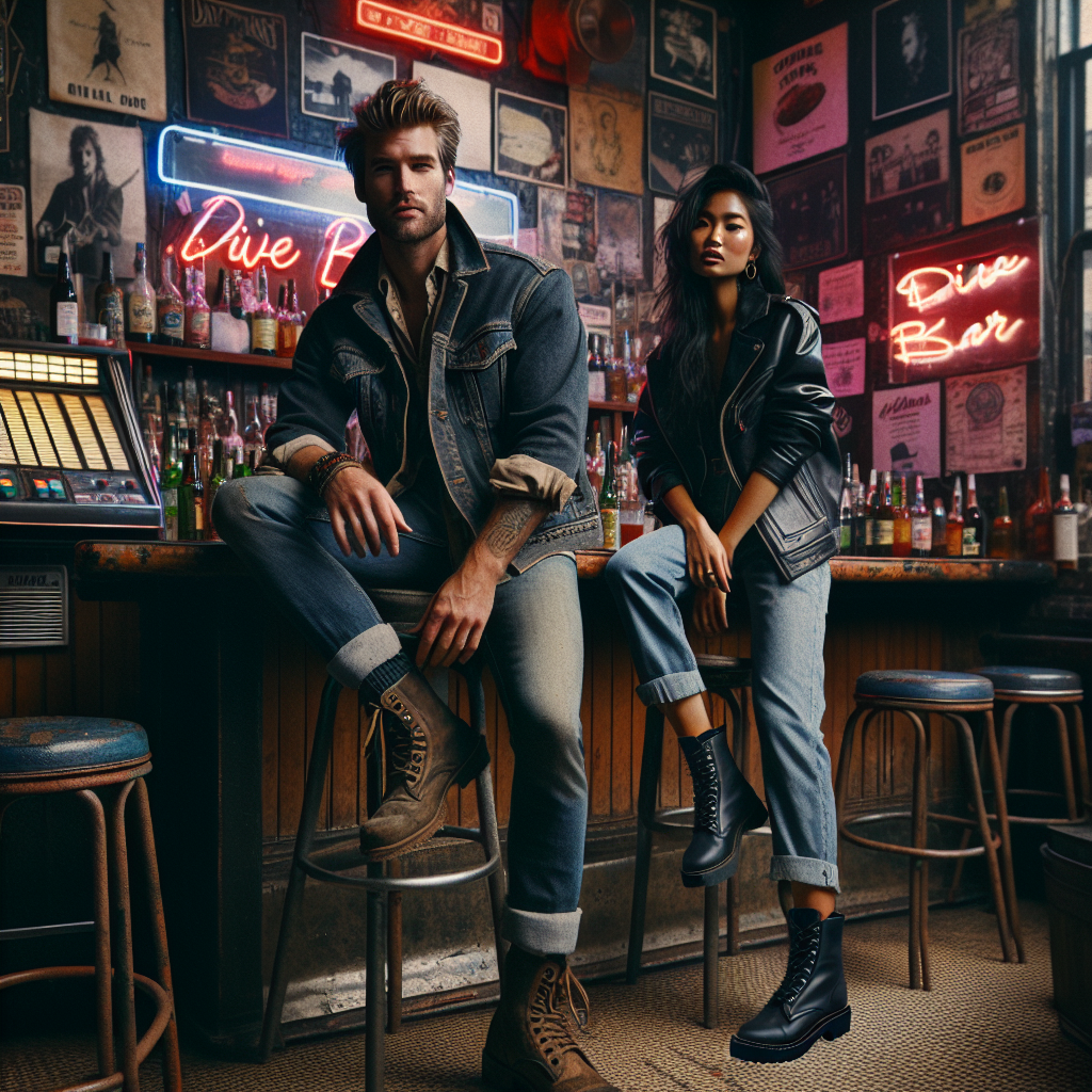 Dive Bar Chic: Discover Must-Have, Effortless Styles Create an image of a dimly lit, grunge-style dive bar brimming with diverse personalities. Envision a Caucasian male in his 30s at the bar stool, sporting a casual, laid-back outfit consisting of a worn-in denim jacket, rugged boots, and a plain white shirt. Nearby, a South Asian woman in her mid-20s is embodying the effortless dive bar aesthetic with her loose, black leather jacket, distressed jeans, and high top sneakers. The background should be full of vintage bar elements – neon signs, old vinyl records on the wall, and a jukebox tucked away in a corner. The image should capture the raw, casual vibe of a dive bar.