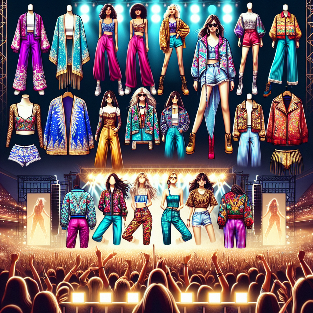 Stunning Outfits for Sabrina Carpenter Concerts Imagine a collection of high-quality concert outfits perfect for attending a pop concert. Visualize a variety of style options for both men and women such as embellished jackets, trendy wide-leg pants, vibrant crop tops, chic mini-dresses, and comfy athleisure wear. The colour palette is dominated by radiant hues like fuchsia, aqua, and golden-yellow, as well as striking patterns like animal prints and stripes. Set against a concert setting backdrop, with illuminated stage lights and a frenzied crowd eagerly waiting for the concert to start. Provide a balanced representation of different descents like Caucasian, Hispanic, and South Asian, among others.