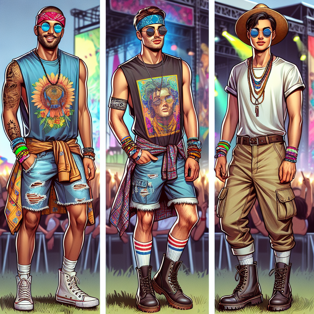 Must-Have Looks for Every Music Festival Man Depict an engaging scene at a vibrant music festival. Show a casually dressed man of Black descent, wearing trendy sunglasses, a printed bandana, and a bright graphic tank top, paired with frayed denim shorts and sturdy boots. Showcase a man of Caucasian descent with a loose, bohemian-style shirt, cut-off shorts, comfortable sneakers, accessorized with a straw hat and a beaded necklace. Finally, show a South Asian man in a classic concert T-shirt, cargo pants and a pair of sturdy ankle boots, with neon-colored wristbands. Include an atmosphere charged with music and fun for these festival-goers.