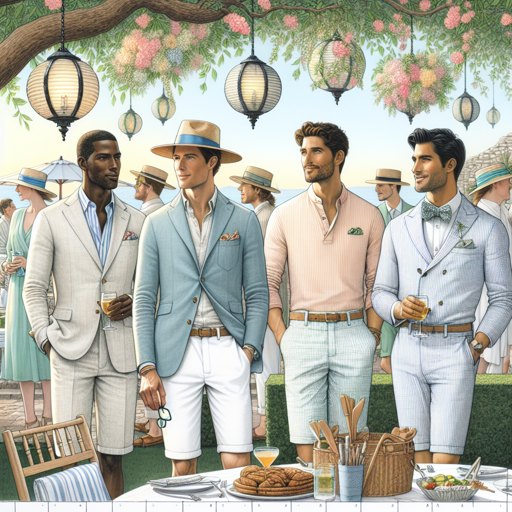 Garden Party Essentials: What Men Should Wear A detailed image showing a garden party in full swing with a diverse group of men showing off their ideal garden party attire. A Black man is wearing a light linen suit with a matching sun hat. A Caucasian man is sporting a casual polo shirt with chino shorts. A Middle-Eastern man is rocking a pastel-colored summer shirt with white trousers. A South-Asian man is dressed in a seersucker suit with a bowtie. Around them, there are decorative lanterns hanging from tree branches, tastefully arranged garden furniture, a buffet table, and guests mingling, all under a sunny afternoon sky.