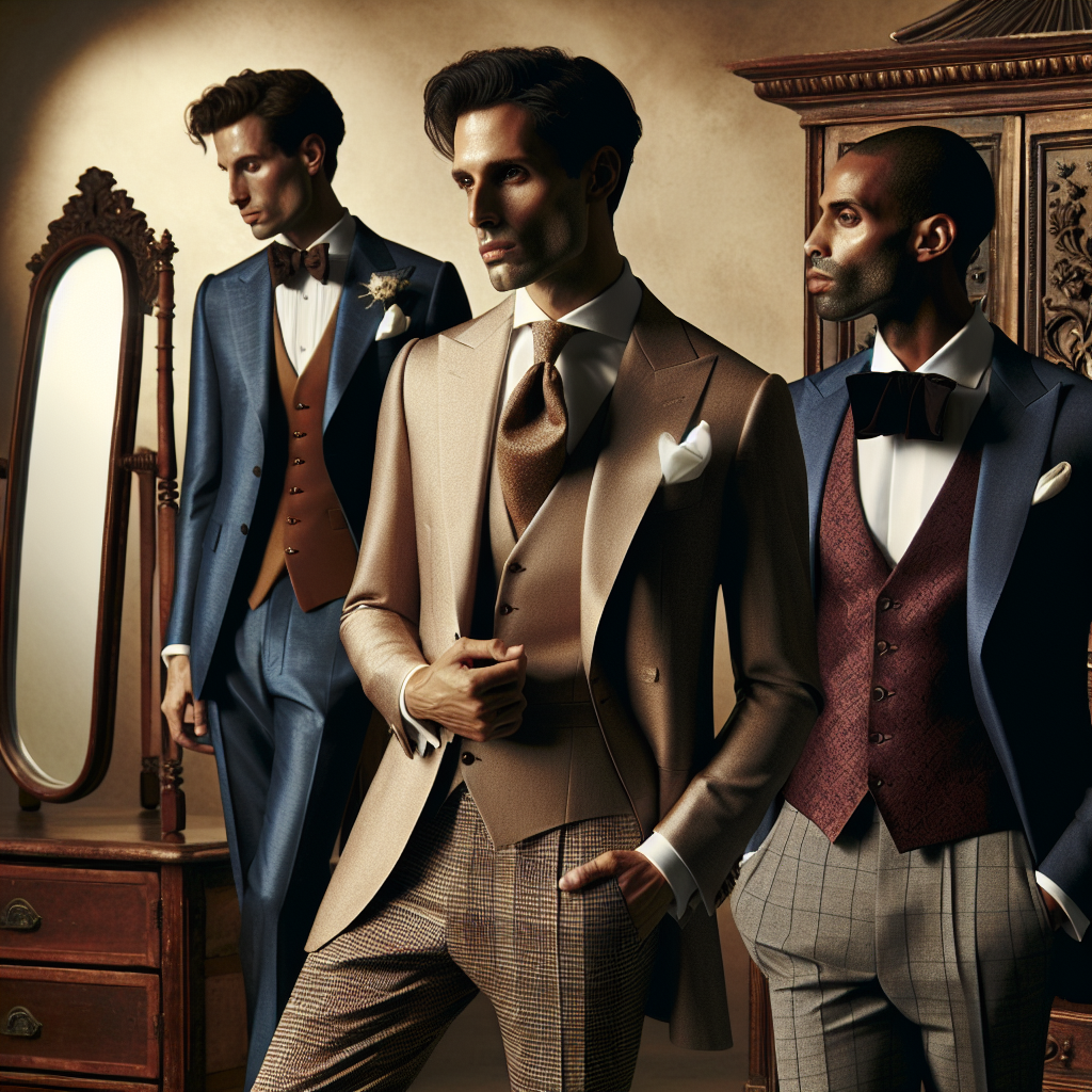 Must-Have Men's Wedding Attire: Effortless Style Visualize a dynamic scene of men's wedding attire showcasing effortless style. Include a male figure of Middle-Eastern descent dressed in a well-tailored indigo suit with a white pocket square complementing the modern aesthetic. Add a second man, leaning against a vintage wooden armoire, who is of Caucasian descent wearing a champagne-colored waistcoat with an earth-toned tie and fitted, checkered trousers. Lastly, include a black male figure standing by an antique full-length mirror dressed in a sophisticated burgundy blazer paired with a solid black, silk bow tie, and charcoal grey pants. The backdrop of this scene is a warm, rustic space featuring soft, ambient light.