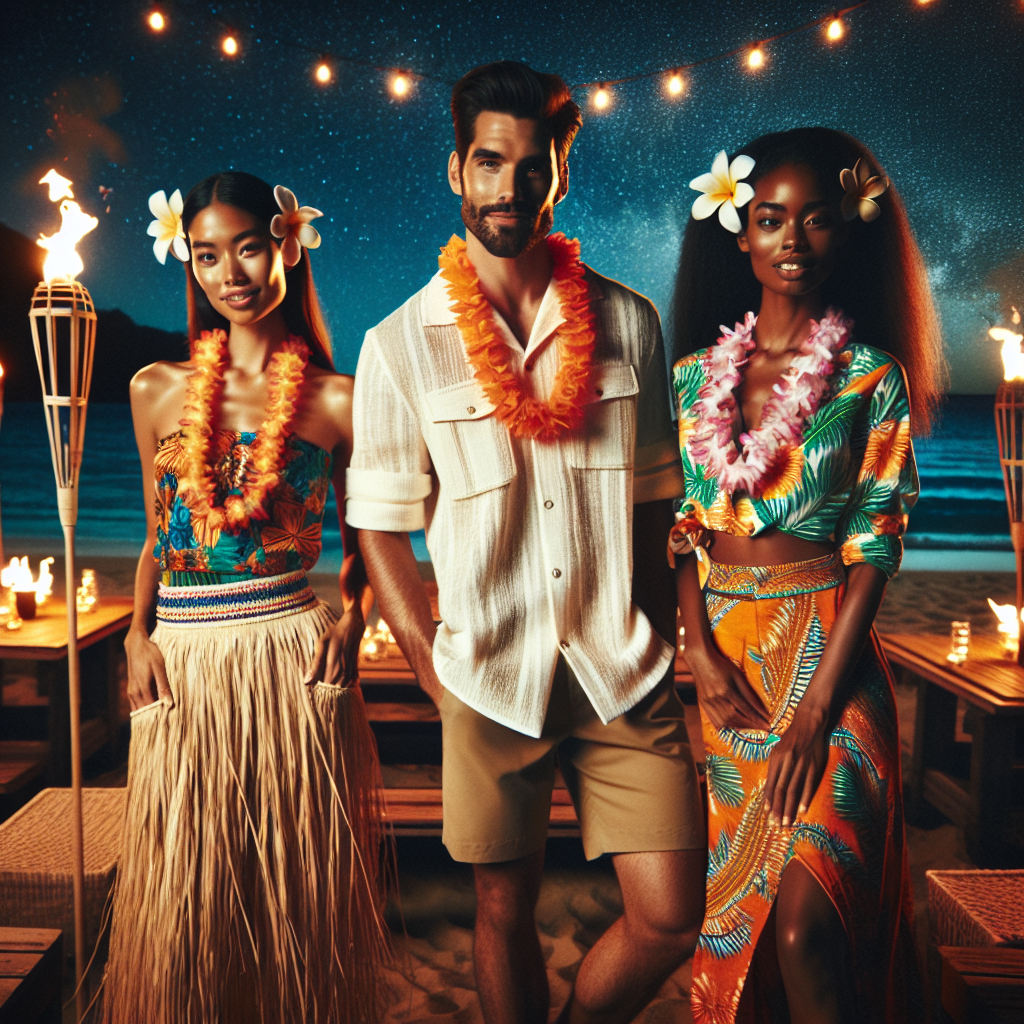 Imagine a warm tropical night under the starlit sky. Visualize a beachside party, vibrantly lit by tiki torches, and the sound of the waves crashing against the shore in the background. Foreground showcases three individuals showcasing their unique luau outfits. The outfit on a Middle-Eastern woman consists of a colorful Hawaiian shirt and grass skirt. A South Asian man dons a white linen shirt paired with khaki shorts. A Black woman is seen in a brightly patterned maxi dress. Each one is adorned with a classic lei around their neck. Their joyful expressions tell a story of celebration and appreciation for Hawaiian culture.