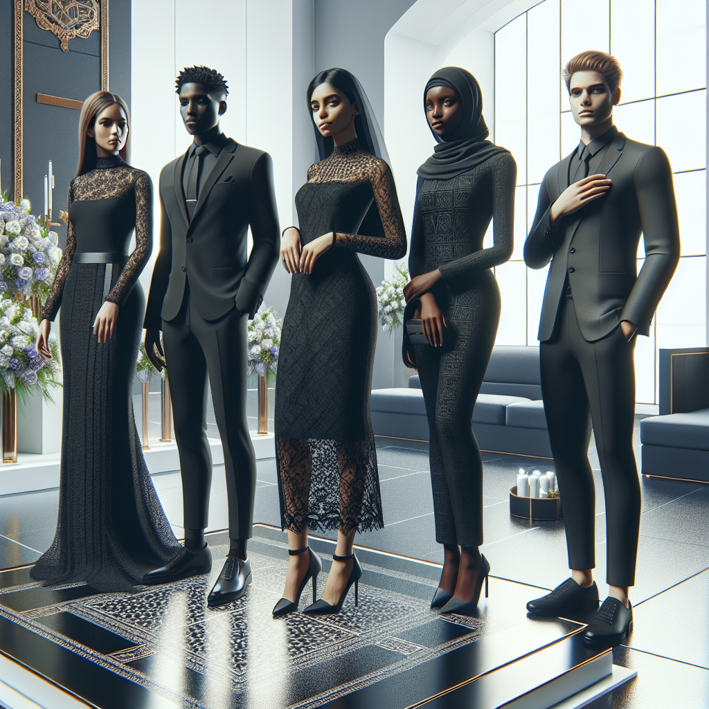 What to Wear to a Funeral in 2025: Timeless Elegance Visualize a conceptual fashion guide for a funeral in the year 2025, keeping in mind the theme of timeless elegance. The scene includes a diverse group of people standing in a tastefully decorated modern memorial space. There are four main characters to focus on: a Middle-Eastern woman wearing a tastefully fashionable black dress, a South Asian man in a sleek black suit, a Black woman in a black lace dress and a White man in a charcoal-grey mourning suit, all exuding a sense of understated elegance and respect. Include elements of future fashion trends, while maintaining the solemn and respectful atmosphere of the occasion.