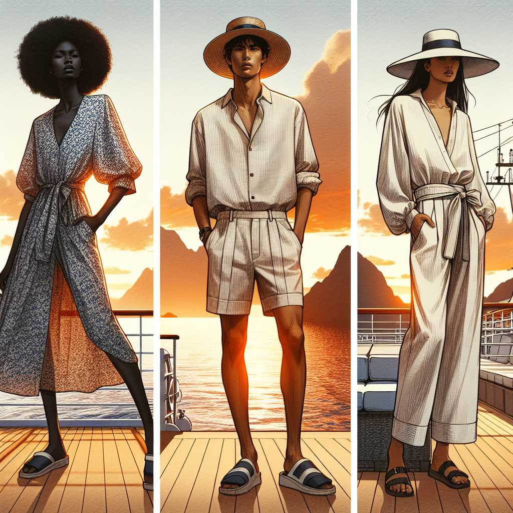 Sunset Cruise Style: Effortless, Must-Have Outfits Imagine a warm, tranquil evening out on the open sea. The silhouette of a large cruise ship can be seen against the backdrop of a picturesque sunset. On the deck, three people show off their must-have casual, yet sophisticated sunset cruise outfits. The first person, a Black woman, is wearing an effortless flowy print dress with a wide-brimmed sun hat. The second person, a Middle-Eastern man, dons a lightweight linen shirt and tailored shorts, complemented by a Panama hat. The final person, a White woman, is styled in an airy, white jumpsuit cinched at the waist with a stylish belt. They all wear comfortable sandals, essential for a sunset cruise. These styles encapsulate the easy-going, yet chic vibe of a sunset cruise.