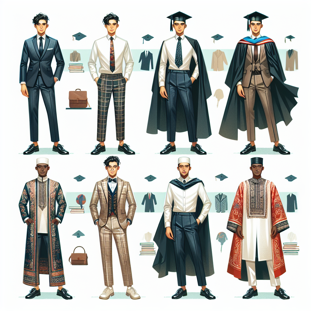 Stunning Styles for Men: What to Wear to College Graduation A style guide illustration presenting different stunning attire suitable for men to wear on their college graduation day. It showcases a range of outfits from formal to semi-formal. The first outfit showcases an Asian man wearing a well-tailored suit and tie, the second shows a Black man in a festive traditional ethnic outfit, and the last presents a Middle-Eastern man in a stylish wardrobe that combines contemporary fashion with cultural elements. Their graduation caps and ceremonial robes are casually draped over their arms or shoulders, embodying the spirit of triumph and celebration.