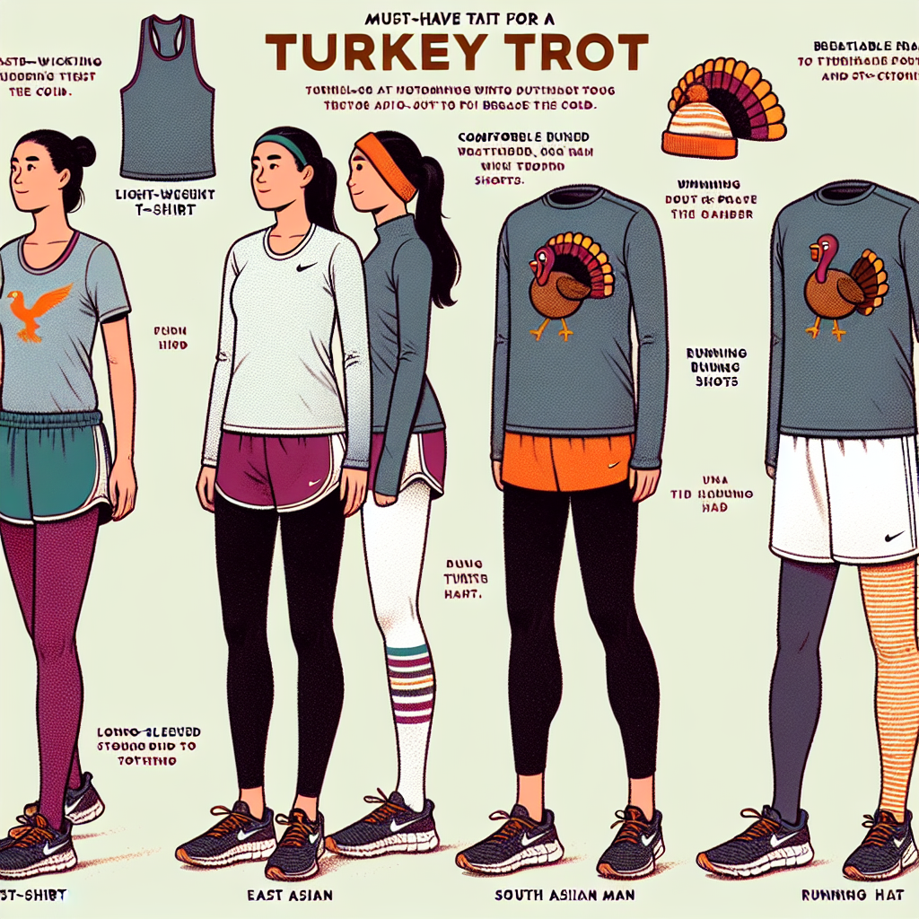 Must-Have Outfits for a Turkey Trot: Effortless Style An illustrated guide showcasing a variety of must-have attire for a Turkey Trot event. The first outfit should feature a runner, an East Asian woman, in a light-weight, moisture-wicking t-shirt, breathable running shorts, and comfortable athletic shoes, topped off with a whimsical turkey-themed headband. The second outfit should be worn by a South Asian man, donning a long-sleeved athletic shirt to brace the cold, running tights, running shoes, and a festive turkey hat. The outfits should embody a balance between utilitarian sportswear and fun, festive themes to encapsulate the spirit of a Turkey Trot. Place each outfit against a neutral backdrop for emphasis.
