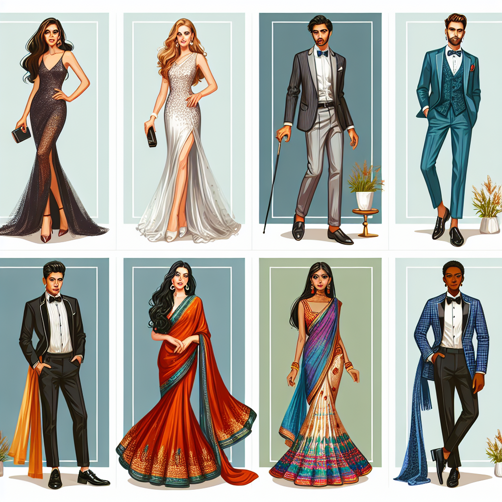 Create an illustration showcasing a variety of stunning outfits for different life celebrations. These outfits should represent effortless style. The image might include a caucasian woman in an elegant cocktail dress for a birthday party, a middle-eastern man in a stylish suit for a corporate success party, a south Asian woman in a vibrant traditional saree for a cultural festival, and a black man in a chic tuxedo for a gala event. Each character should be distinctly styled and radiate confidence and elegance.