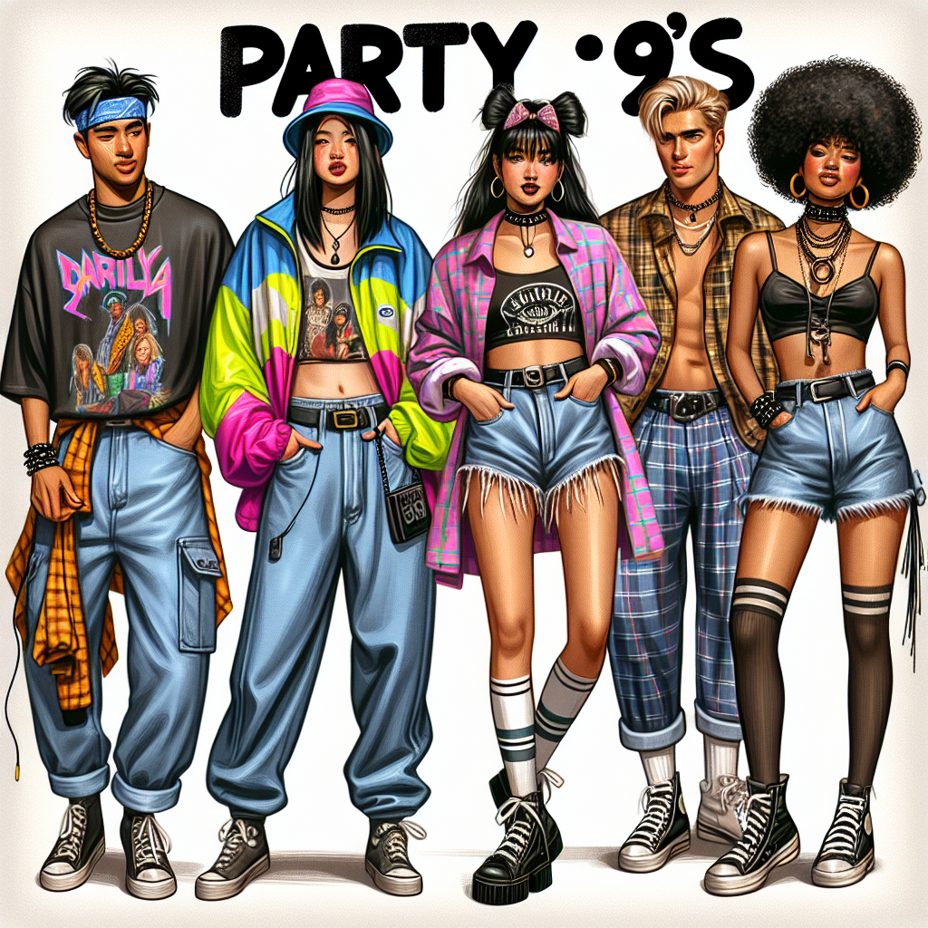 Must-Have 90's Party Outfits: Effortlessly Stylish Show an array of fashionable must-have party outfits from the 90's. Include a variety of styles that encapsulate the carefree and vibrant spirit of the era, such as baggy jeans, band t-shirts, bright neon windbreakers, flannel shirts tied at the waist, and high-waisted denim shorts. Incorporate accessories like chunky sneakers, choker necklaces, and scrunchies. The image should display a South Asian man in an oversized band t-shirt and baggy jeans, a Black woman rocking high-waisted denim shorts with a neon windbreaker, and a Middle Eastern woman sporting a grunge-inspired flannel shirt and black choker. The entire scene should convey a sense of effortless style and nostalgia.