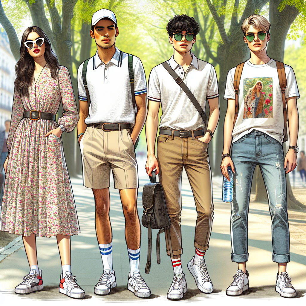 What to Wear for a Walk: Stunning, Effortless Styles Picture this: a tree-lined city sidewalk on a bright, spring afternoon. In the centre, we see individuals of varied descents and genders. First, a Middle-Eastern woman, effortlessly styled in a floral midi dress paired with white sneakers. Next to her, an Asian man in a well-fitted polo shirt and khaki shorts, a baseball cap shading his eyes. Finally, a Caucasian man in comfortable jeans and a fashionable graphic t-shirt. Accessories include sunglasses, trendy backpacks, and water bottles in hand. Each of them exuding casual chic, ready for a walk.