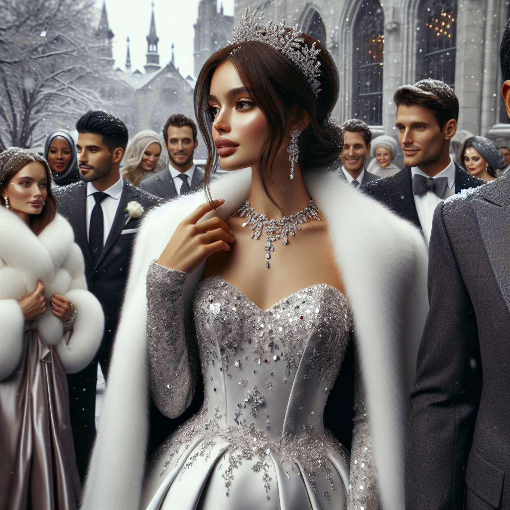 Visualize a breathtaking winter wedding setting: A radiant bride dressed in a classy, white satin gown detailed with sequins which mirror falling snowflakes, adorning a crystal-dazzling tiara. Her groom complements her charm, looking immaculate in a crisp, charcoal-gray suit, coupled with a silver satin tie. People from diverse descents - Caucasian, Hispanic, Black, Middle-Eastern, and South Asian - are dressed in their best chosen outfits, reflecting their unique cultures. Some guests are warming themselves with elegant fur stoles, while others sport stylish wool overcoats. The grandeur of the wedding is evident in the background, with a whisper of December chill in the air.