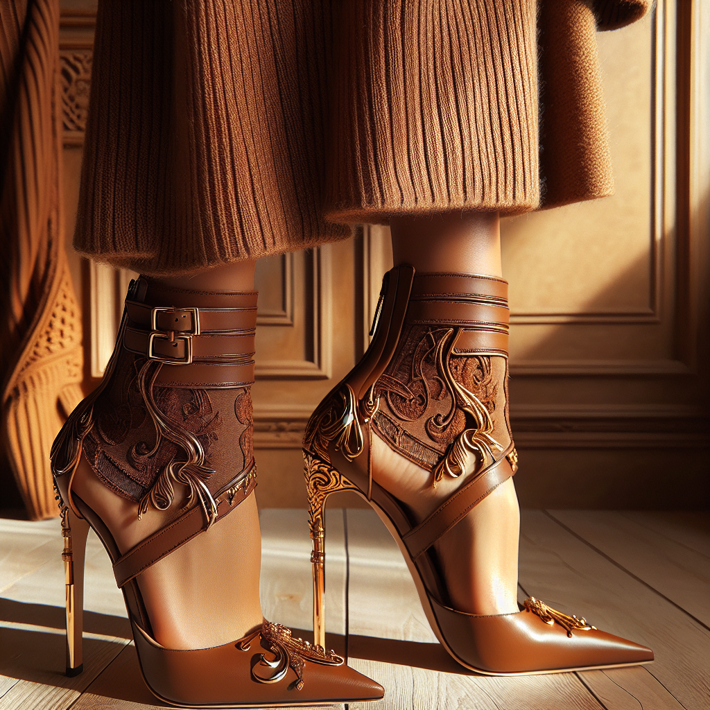 Visualize an elegant pair of high-quality, stunning heels, possibly adorned with intricate designs, carefully paired with a stylish brown dress evoking an effortless winter style. The dress is long and made of a fine warm fabric, hitting just around the knee, creating a sleek silhouette. It's of a flattering fit and is accessorized with gold jewelry for a chic feel. The picture is taken during the day in an ambient room, with soft, warm lighting highlighting the items' intricate details and rich colors.