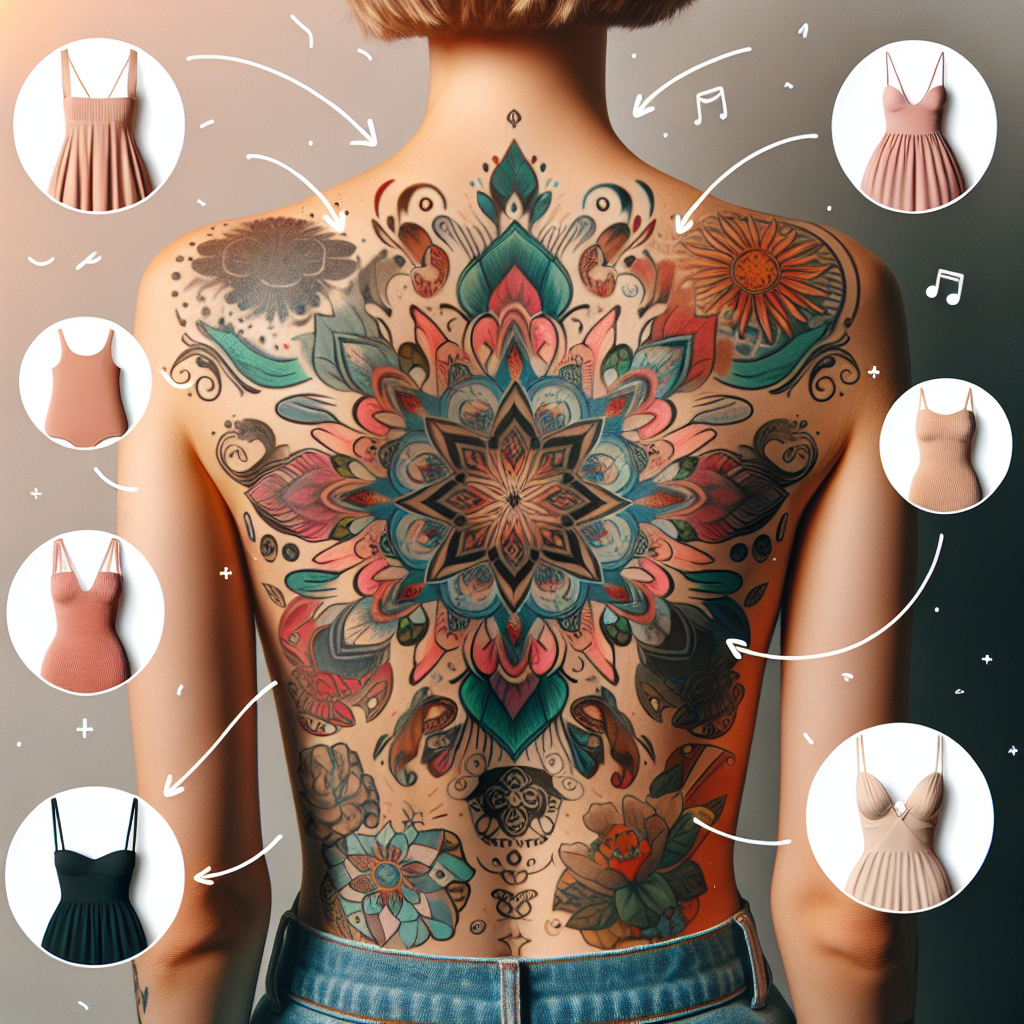 What to Wear for a Back Tattoo: Stunning Tips A close-up view of a person's back, showcasing a colorful and intricate tattoo covering a large area. They are wearing a strapless top, exposing the whole tattoo. Around them, small icons representing various clothing items are floating: open-back dresses, tank tops, strapless tops, low-back swimsuits. All outfits are in soft neutral tones so as to not distract from the tattoo. The person appears to be of Caucasian descent and has a short blond hair. A banner in the corner reads, 'What to Wear for a Back Tattoo: Stunning Tips'.