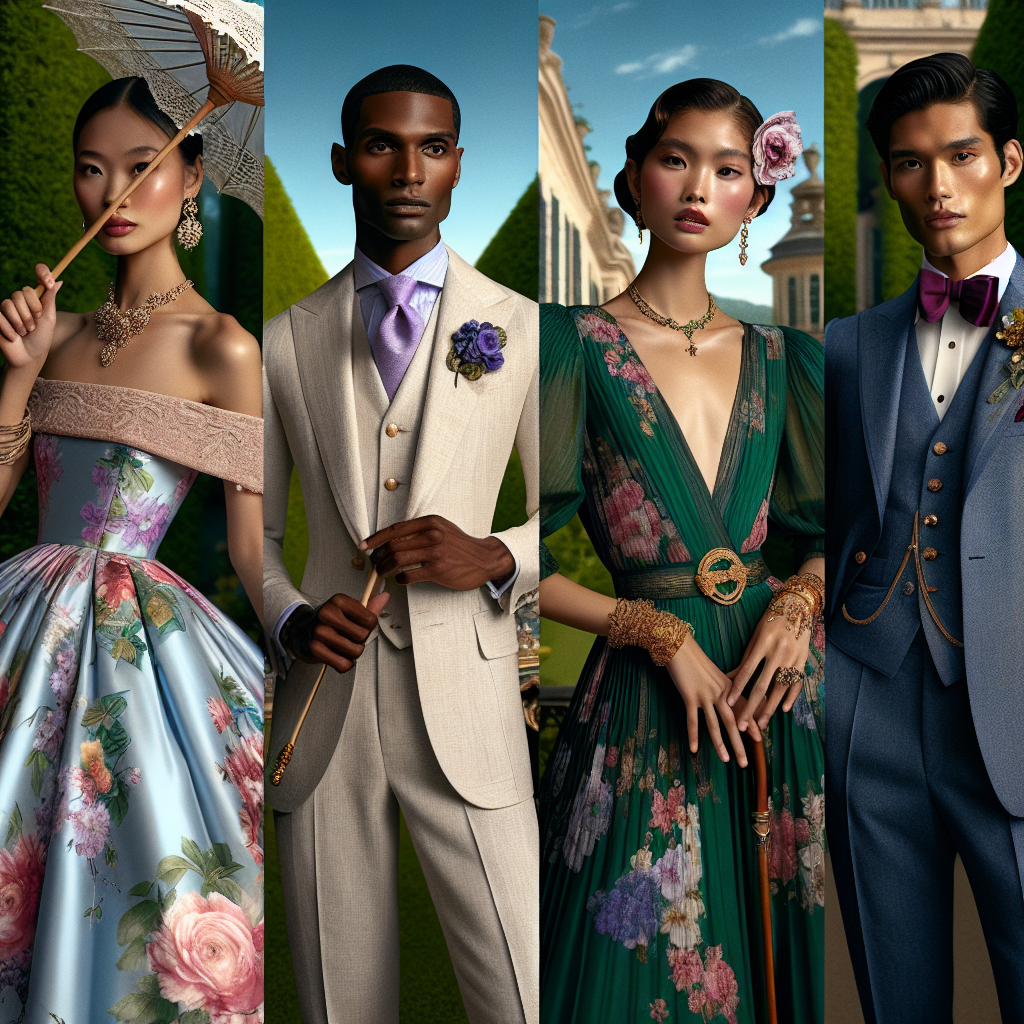 Create a harmonious composition of four models, each one showcasing a grand outfit for formal garden parties. First model is an Asian woman with a luxurious floral gown in pastel colors, holding a delicate parasol. Second model is a Black man donned in an elegant light-colored linen suit with a lavender boutonniere. Third is a Middle-Eastern woman donning a chic, emerald-green jumpsuit paired with golden accessories. Lastly, a Hispanic man sports a dapper navy-blue Tuxedo with a burgundy bowtie. The scene is set amidst a luxurious garden under a cerulean sky.