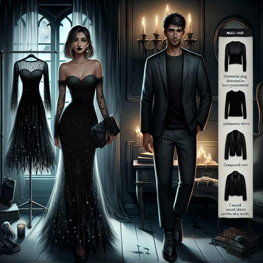 Must-Have Outfits for a Haunted House Date Imagine an eerie yet exciting scene wherein a couple is preparing for an adventurous date at a haunted house. The woman, of South Asian descent, is wearing an uber-chic black dress adorned with small shimmering stars that reflect the little light available in the room. In contrast, the man, a Caucasian, is wearing a charcoal gray suit which matches the tone of the eerie surroundings. On the side, let's have a few 'must-have' outfits displayed on hangars - ranging from flamboyant gothic to composed and minimalistic. Include subtle details of ghostly images in the surrounding ambiance to amplify the haunted vibe.