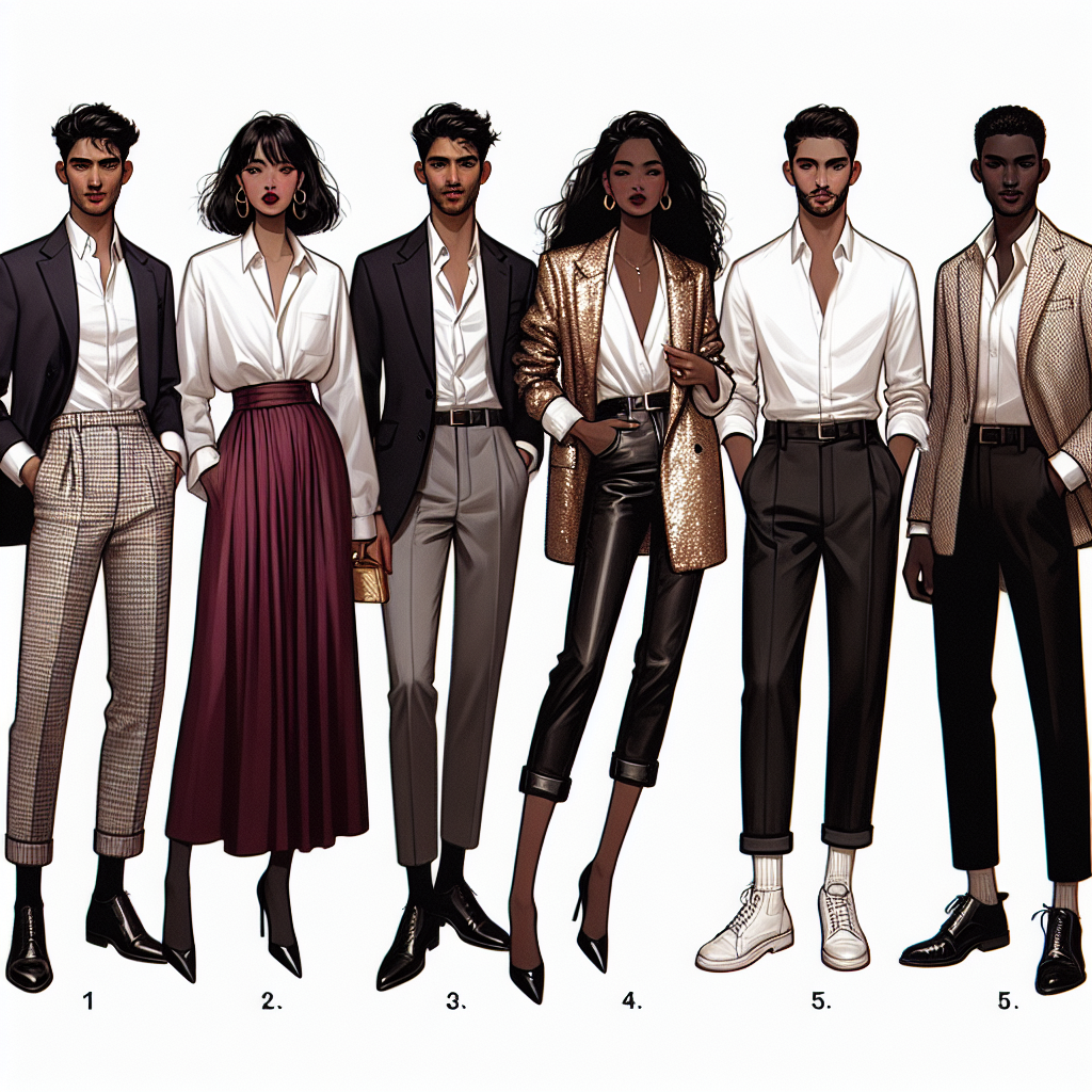 Generate an image showcasing a series of unique styles ideal for dinner parties, featuring a classic white shirt as the central piece. The array should include five different outfits worn by a range of people of different genders and descents. Outfit one, worn by a South Asian man, pairs a white shirt with a sleek navy suit. Outfit two, donned by a Hispanic woman, combines a white shirt with a high waist burgundy skirt. Outfit three showcases a Black woman elegantly pairing the white shirt with a gold sequin blazer and black leather pants. Outfit four features a White man in a white shirt with chinos and a tweed jacket. Outfit five presents a Middle-Eastern man sporting his white shirt with black jeans and a leather jacket. Please, lend these representations a touch of evening ambiance.