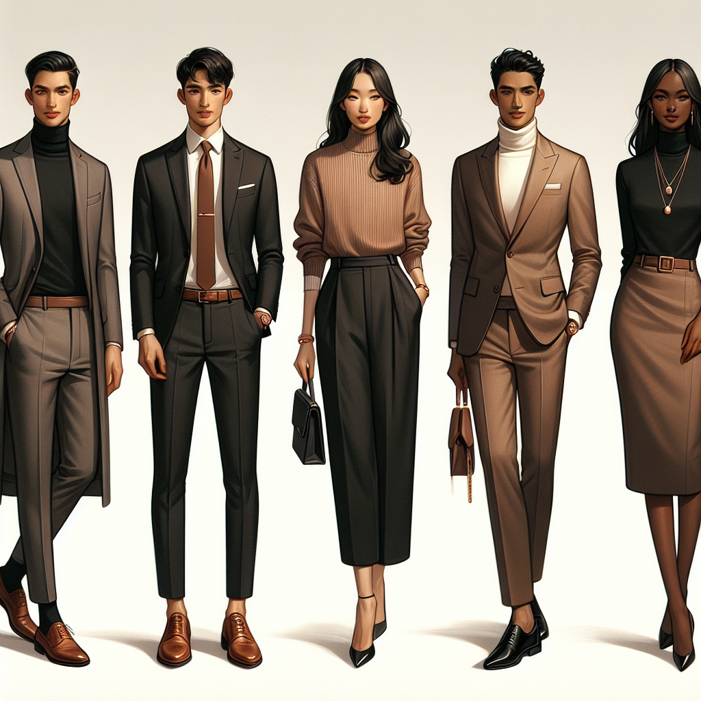 Must-Have Conference Outfits: Effortlessly Professional Showcase a compilation of five different professional outfit styles ideal for a conference scenario. The first outfit represents a Caucasian male dressed in a tailored suit with rose gold tie clip and brown leather shoes. The second outfit portrays a Hispanic female in a sleek pantsuit matched with black high-heels. The third ensemble should represent a Middle-Eastern male dressed in a stylish turtleneck sweater under a casual blazer, paired with matching trousers. The fourth depicts a South Asian female in a classic business dress along with coordinating jewelry and footwear. Lastly, display a Black female wearing a contemporary business-casual aesthetic with a structured blazer, blouse and fitted pants.