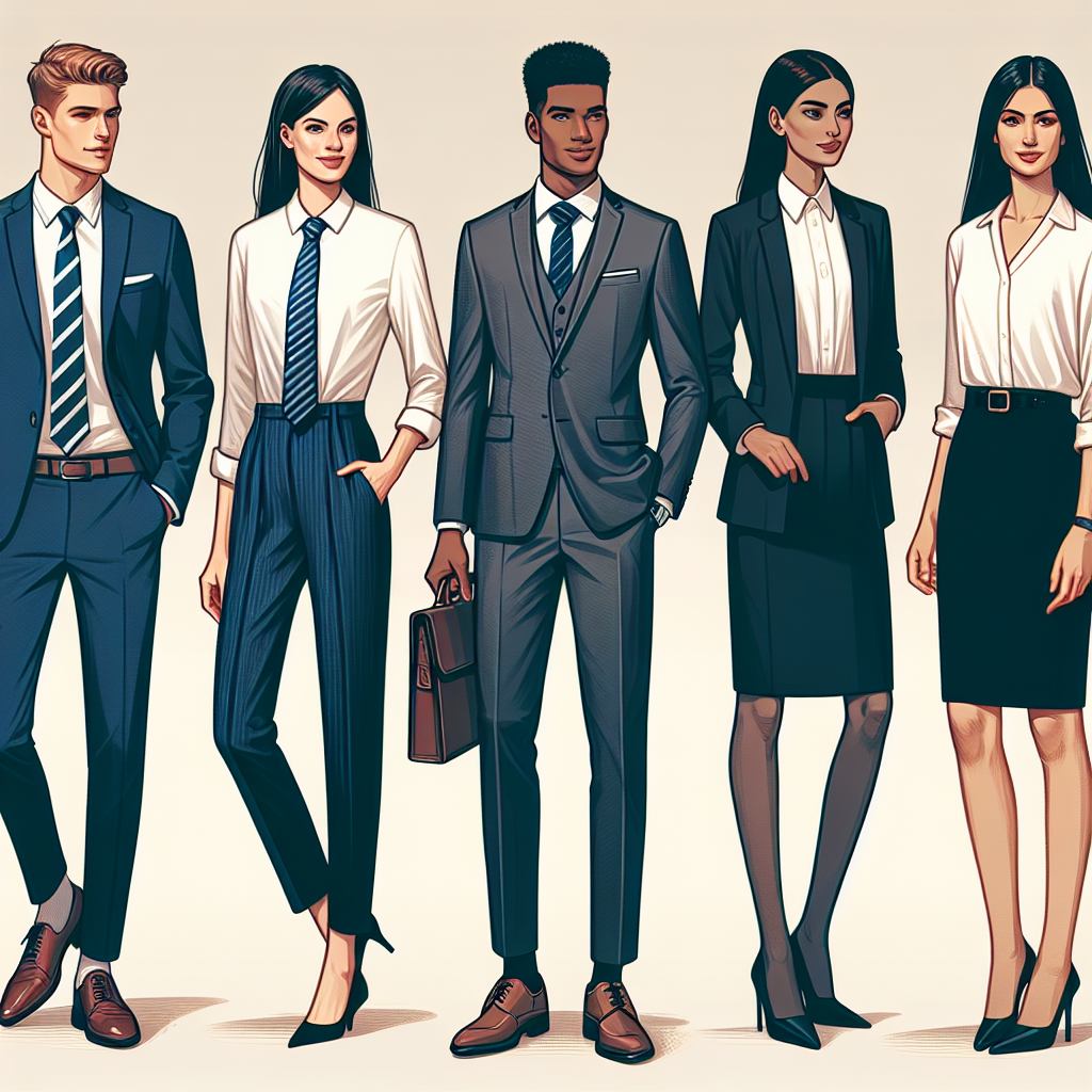 An image representing a professional dressing guide. It includes a diverse group of individuals all feeling confident and ready for their bank interviews. A Caucasian man wearing a well-fitted navy blue suit, white shirt, polished brown shoes, and a striped tie. A Black woman subtly showcasing her refined charm in a gray business suit, white blouse, and red heels. A South Asian man standing tall in his stylish dark charcoal suit, white dress shirt, black oxford shoes. A Middle Eastern woman gracefully carrying her black skirt suit, cream blouse, and black mid-heels.