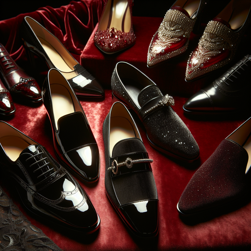 Stunning Shoe Styles for Black Tie Events – Find Yours! An elegant showcase of luxurious shoes ideal for black tie events. The collection involves a variety of styles including classic patent leather oxfords, sleek velvet loafer adorned with an accessory, and pointed-toe high heels shimmering with crystals. The shoes are displayed on a plush red velvet backdrop, intensifying their sophistication. They emerge from the darkness, illuminated by a soft overhead spot light that brings to focus their high-quality materials and exquisite craftsmanship.