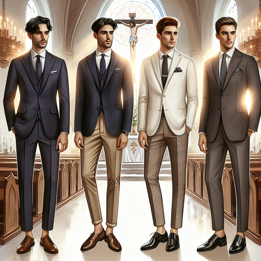 Create an elegant scene that captures a style guide for men attending a communion ceremony. Start with a chic, black-haired Caucasian man in a well-tailored navy suit, complete with a matching tie and polished shoes. To his right, a youthful auburn-haired Middle-Eastern man sporting a fashionable white blazer paired with khaki trousers. And finally, on the left, imagine a refined, silver-haired Hispanic man clad in a timeless charcoal grey suit, subtly patterned tie, and shiny black shoes. A background with diffused sunlight from a stained glass window adds a serene, spiritual touch to this sartorial setting.