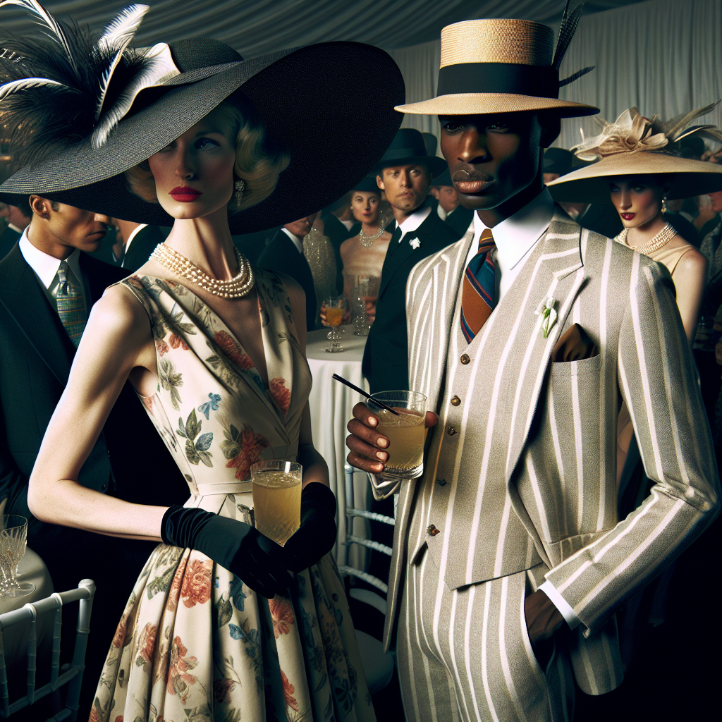 What to Wear for a Derby Party: Elegant & Timeless A visual scenario unfolds at a Derby-themed party. Two individuals stand out. The first is a Caucasian woman dressed elegantly in a large-brimmed hat decorated with feathers, a high-necked floral dress, and pearl necklace. Her poised posture showcases her confidence. The second is a Black man, glaringly timeless in a light pinstripe suit with a color-coordinated vest beneath. His outfit is completed with a signature Derby hat, a drink in his hand. A mingling crowd fills the background, embodying a blend of modern and vintage fashions, embodying the distinguished spirit of a Derby party.