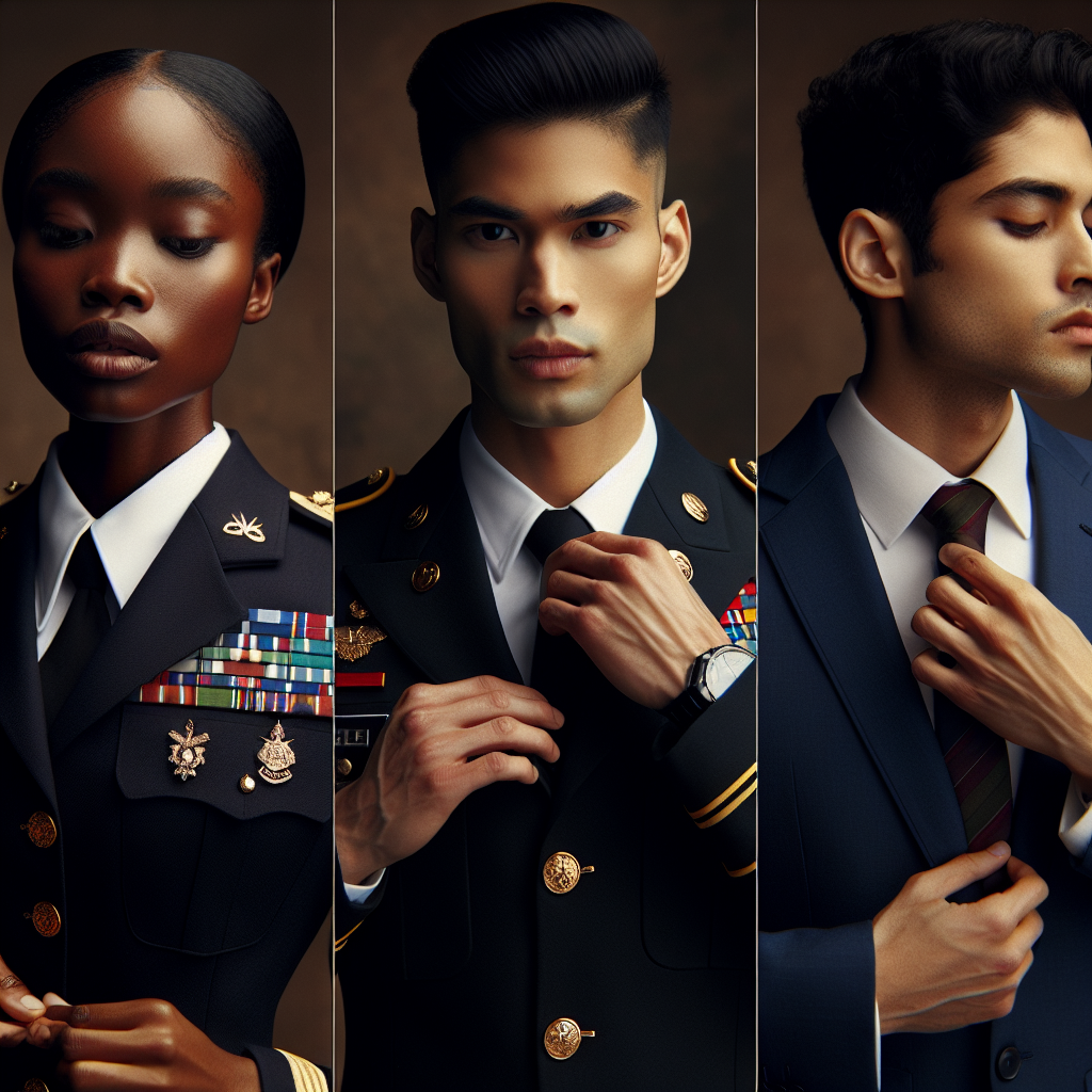 Create a visually impressive image of three people preparing for a military meeting. The first person is a Black woman in a sharply tailored uniform festooned with medal ribbons. She's carefully adjusting the epaulettes on her shoulders. The second person is a South Asian man, also in a dress uniform, meticulously arranging his cufflinks. The third person is a Middle-Eastern non-binary individual, straightening their tie and checking their polished shoes. All three display a look of determination, portraying the importance of dressing to impress at military meetings.