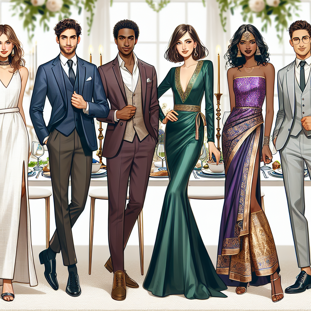 Illustrate a variety of stunning and effortless outfit options ideal for a Passover dinner. Show a Caucasian woman in a classy white linen dress, a Hispanic man in a suave navy suit, a Black woman in an elegant emerald silk gown, a Middle-Eastern man in a maroon blazer and slacks, a South Asian woman in a stylish gold and purple Anarkali dress, and a White man in a trendy light grey suit. Each individual appears joyful and comfortable, reflecting their unique style, standing in front of a decorated table ready for Passover dinner.