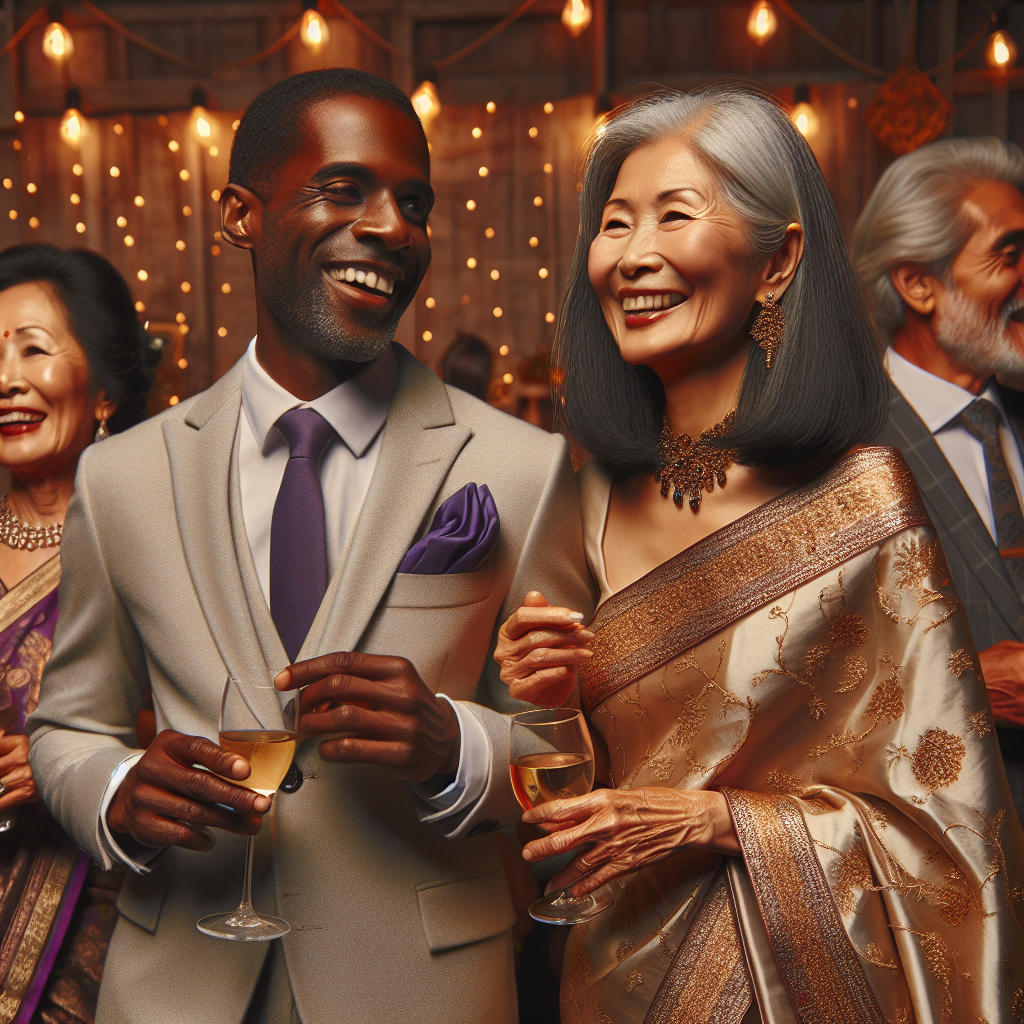 Stunning Outfits for Retirement Parties: Effortless Elegance Depict an extravagant retirement party scene where guests are dressed in stunning and effortlessly elegant outfits. There is a balance of classic and modern clothing. On one side, a mature East Asian woman in a beautiful silk kimono is smiling and drinking tea, representing traditional elegance. On the other side, a charming Black man in a sleek grey suit with a purple pocket square is laughing and holding a wine glass. A South Asian woman in the background wears a mesmerising saree embellished with gold threads, captivating attention. The ambiance radiates joy, elegance and mutual respect.