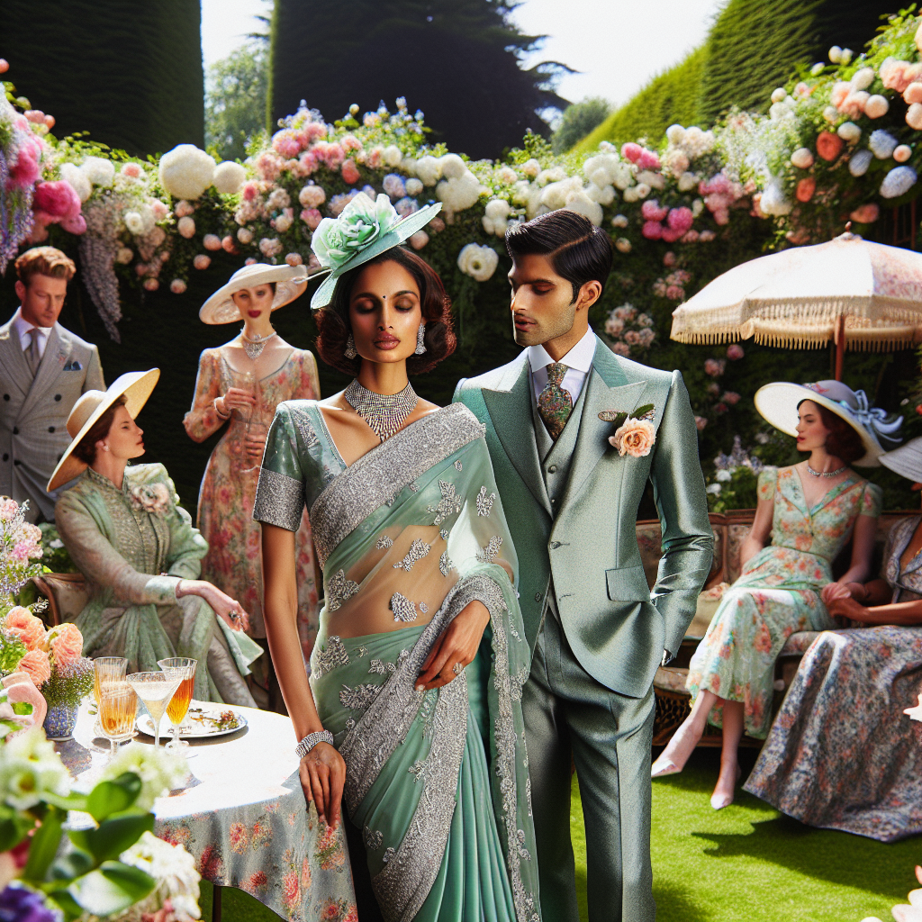 Must-Have Outfits for a Stunning Garden Party Picture a lavish garden, awash with blooming flowers and lush greenery, serving as the backdrop to an elegant party. There is plenty of exquisite fashion on display: A South Asian woman is wearing a designer mint green saree with intricate silver embroidery, paired with a diamond necklace; a Caucasian man, in a tailored summer suit in elegant pastel shades, his crevat matching the woman's saree; and a Black woman dressed in a floral summer dress, her hat adorned with matching silk flowers. Everyone is basking in the sunlit ambiance, embodying the quintessence of garden party elegance.
