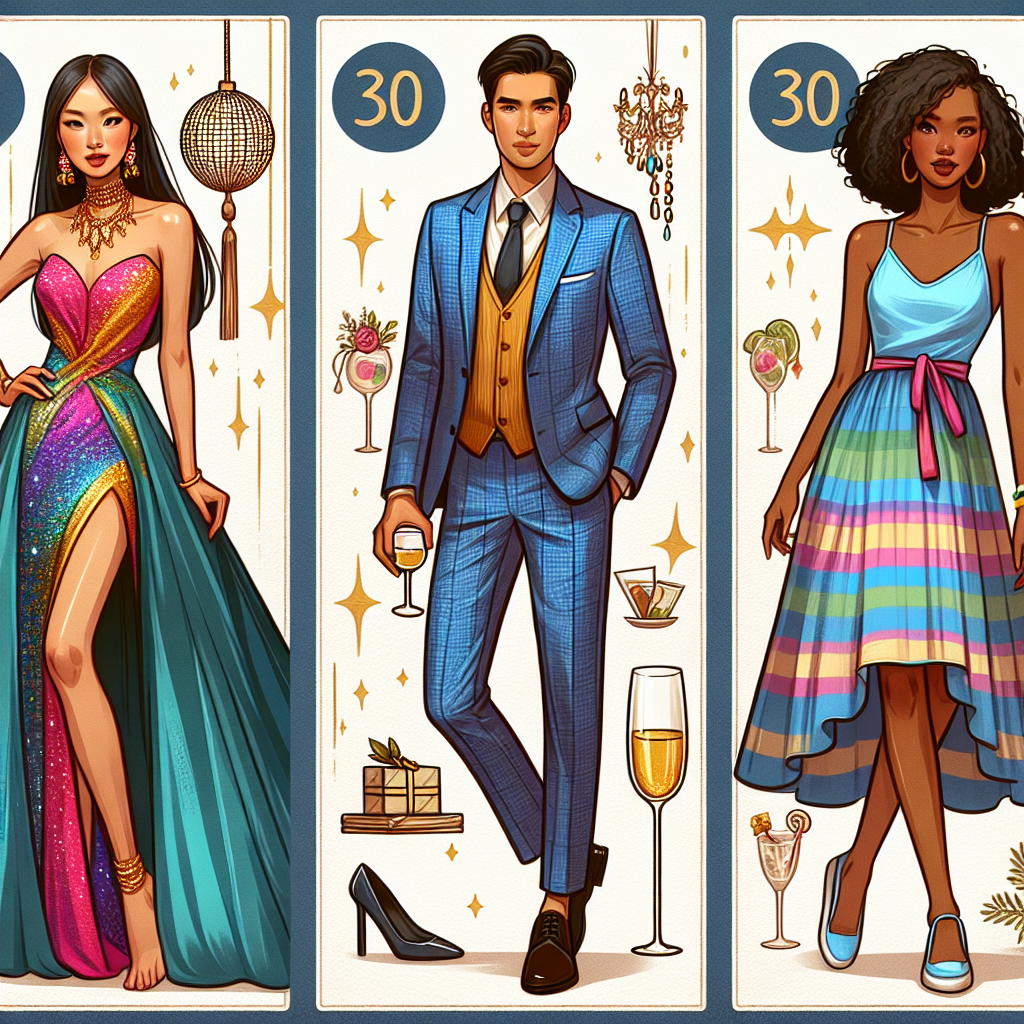 Must-Have Looks for a 30th Birthday Bash! Design an image concept featuring three distinct styles of party attires appropriate for a 30th birthday bash. Firstly, depict an Asian woman in a vibrant and colorful evening gown paired with elegant statement earrings. Secondly, showcase a Hispanic man in a well-tailored blue suit matched with classy leather shoes. Lastly, visualize a black woman presenting a chic casual look with a trendy summer dress, paired with stylish flats and a cute clutch bag. Capture the joy and excitement of celebrating a milestone birthday.